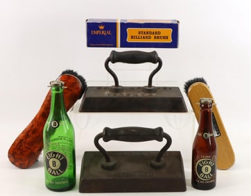 Billiard Table Irons, Brushes & Glass Bottles
