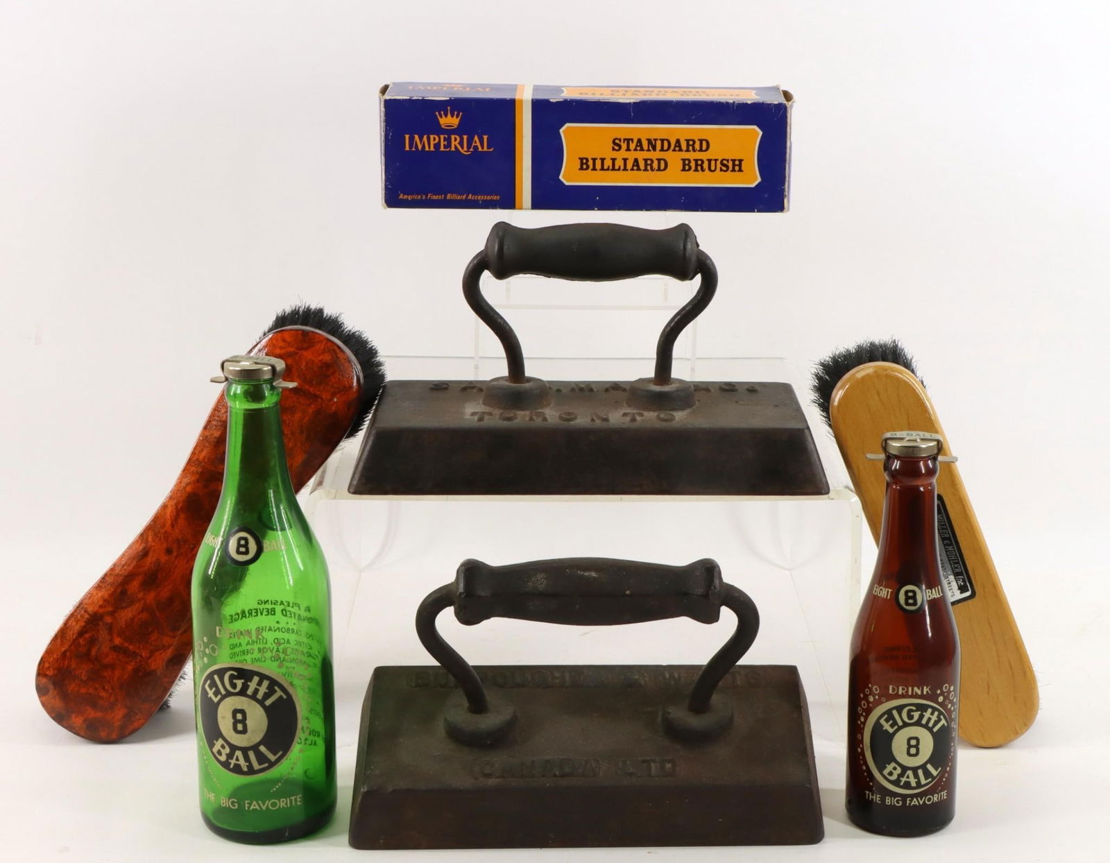 Billiard Table Irons, Brushes & Glass Bottles (1 of 9)
