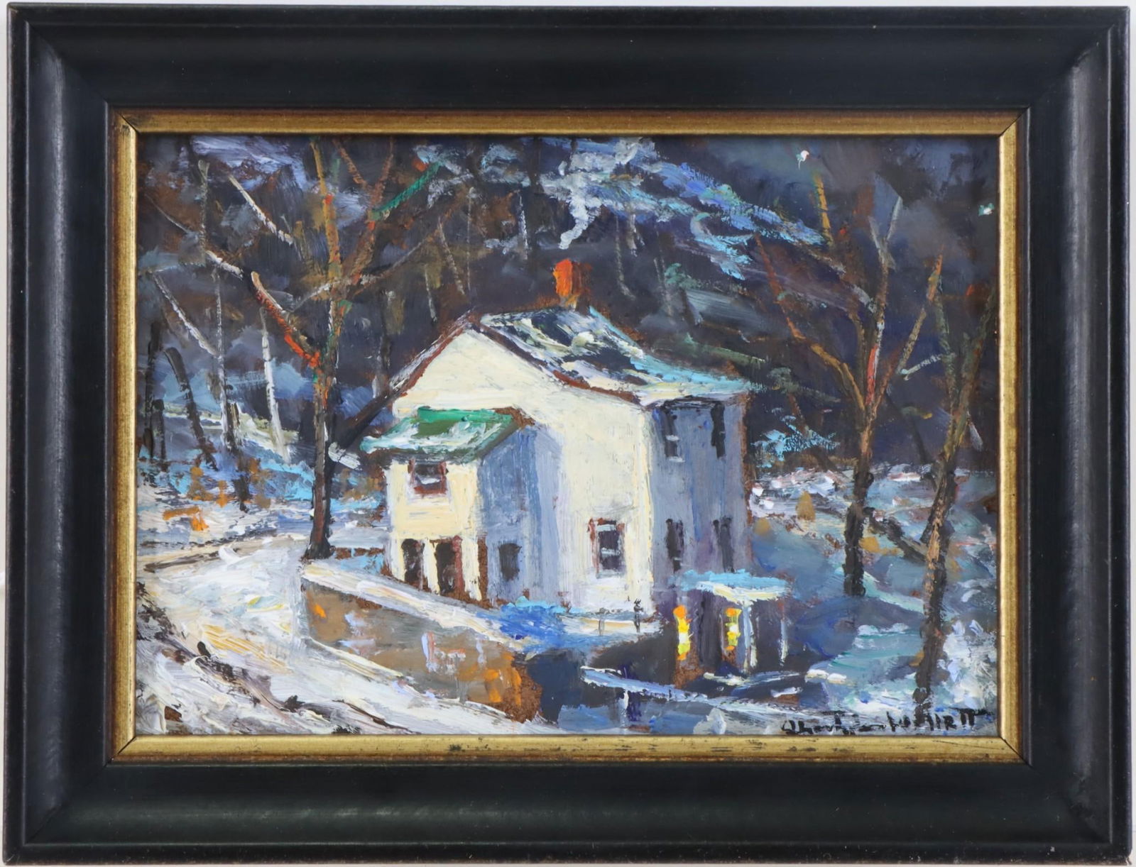 Christopher Willett (born 1959): Oil on board, "House on the Bend, River Road", SLR. Winter nocturne. 5"h x 7"w and 6.5"h x 8.5"w framed