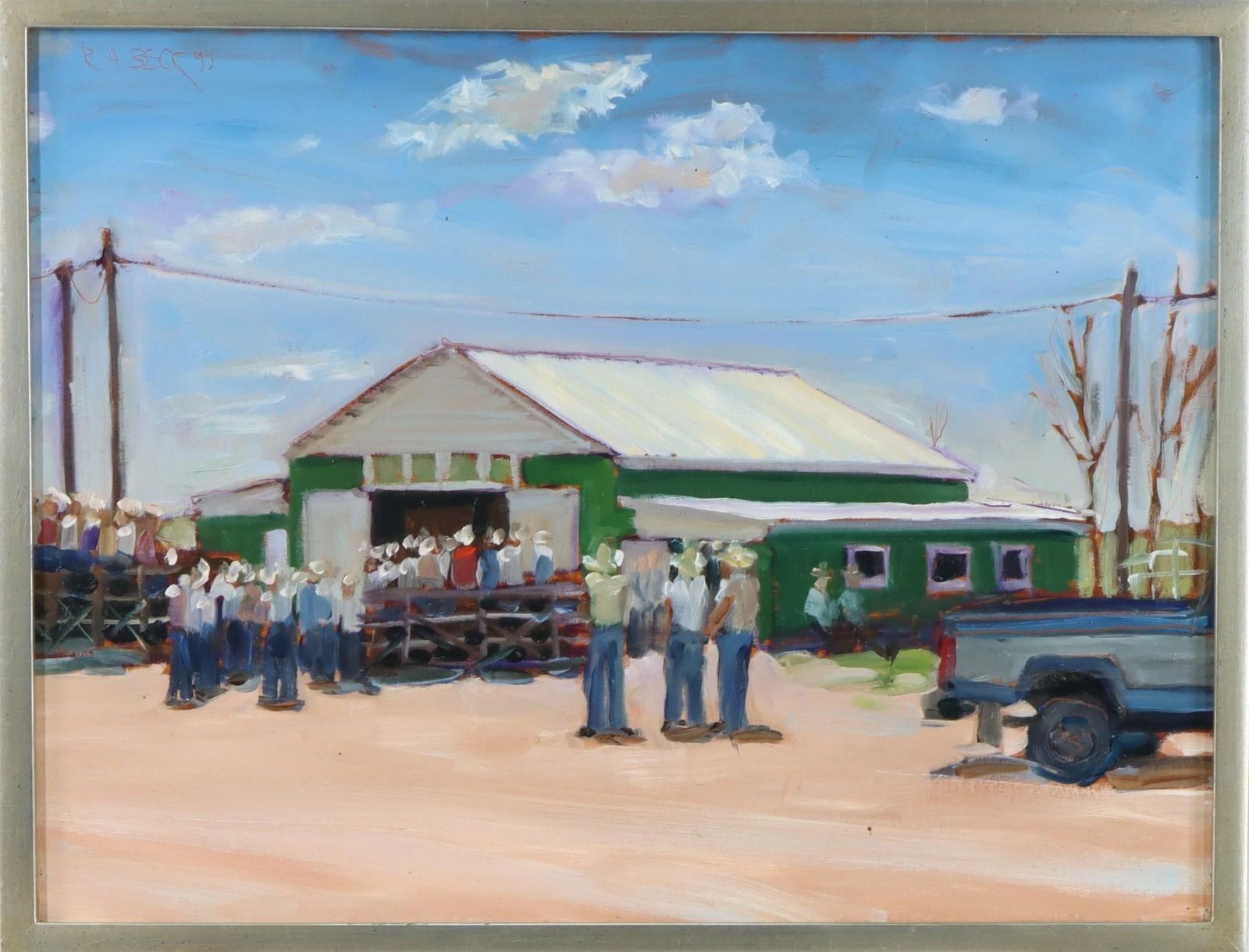 Robert Beck (Born 1950): Oil on board, "Horse Sale", SDUL '99. Sunlit scene of an auction barn. 12"h x 16"w and 12.75"h x 16.75"w framed