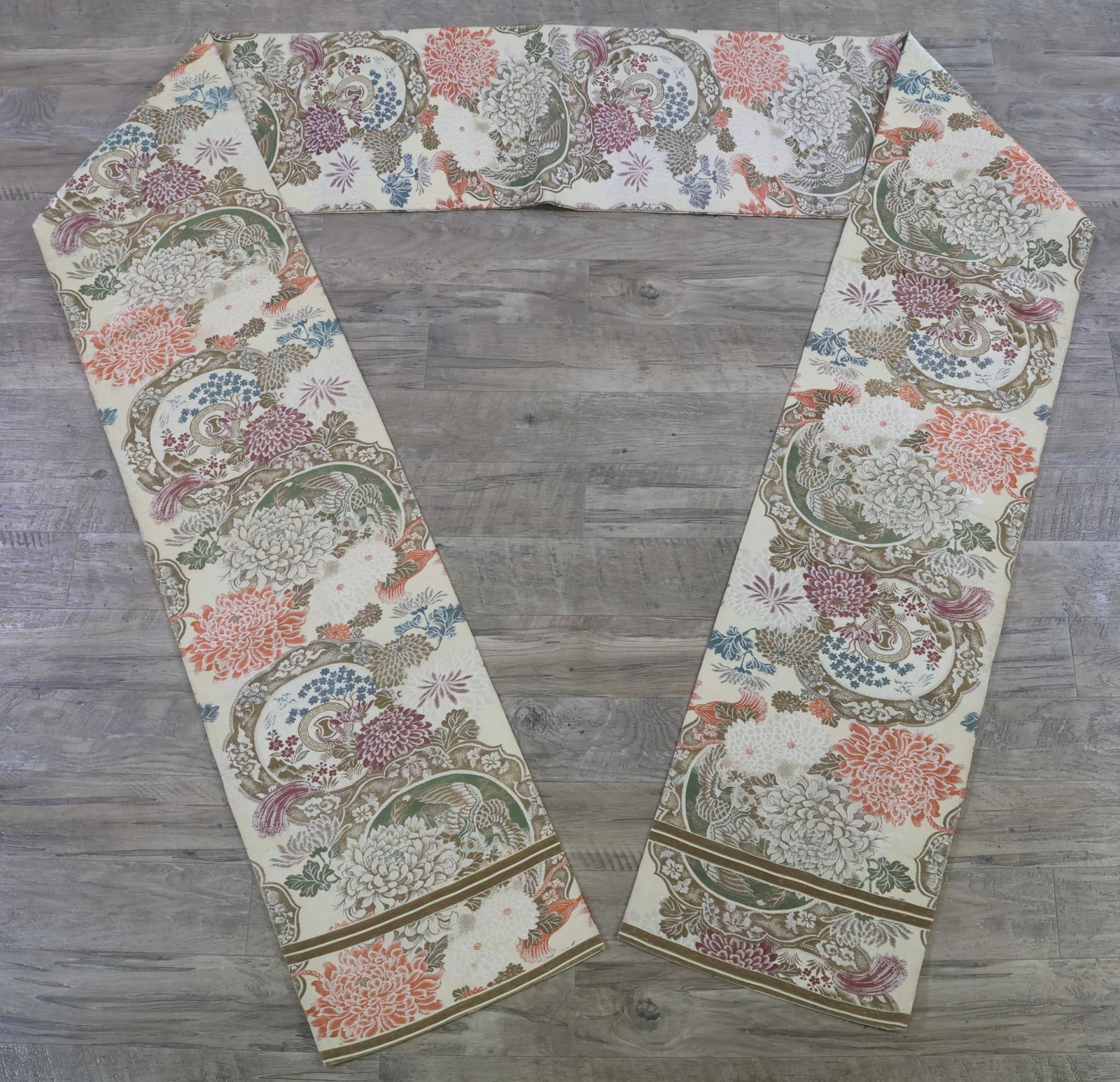 Japanese Kimono Obi: Embroidered floral decorated obi belt, marked, 20th C. 152" x 13"