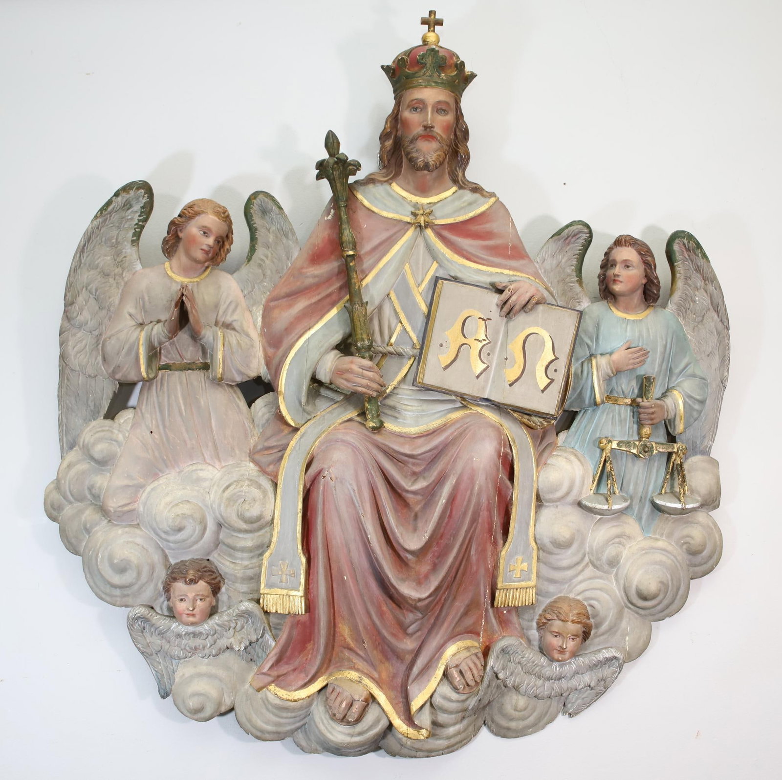19th C. Altar Fragment: Paint on gesso on carved wood, depicting Jesus in heaven with angels and putti, probably Anglican. 45.5"h x 40.5"w
