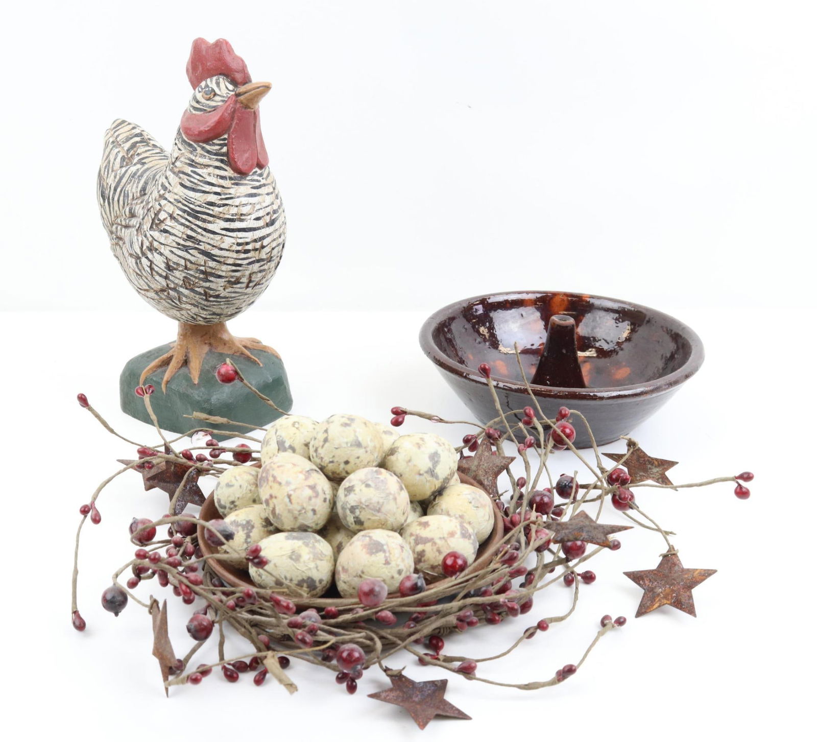 Folk Art Assortment: Folk art, Lynn Bresciani, carved and painted, wood hen, signed, 5.5”w x 3.5”d x 8.75”h. Redware miniature aspic mold pan, treenware plate, papier mache eggs (18), and faux cranberry