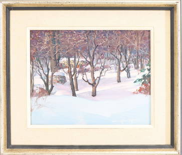 Arthur Meltzer (1893 - 1989): Oil on board, "Our Backyard", SLR. Snowy winter landscape. Provenance: Freemans/Hindman. Estate of Harry W. Lownsbury to benefit the James A. Michener Art Museum. 7.5"h x 9.5"w and 12.5"h x 14.5"w fra