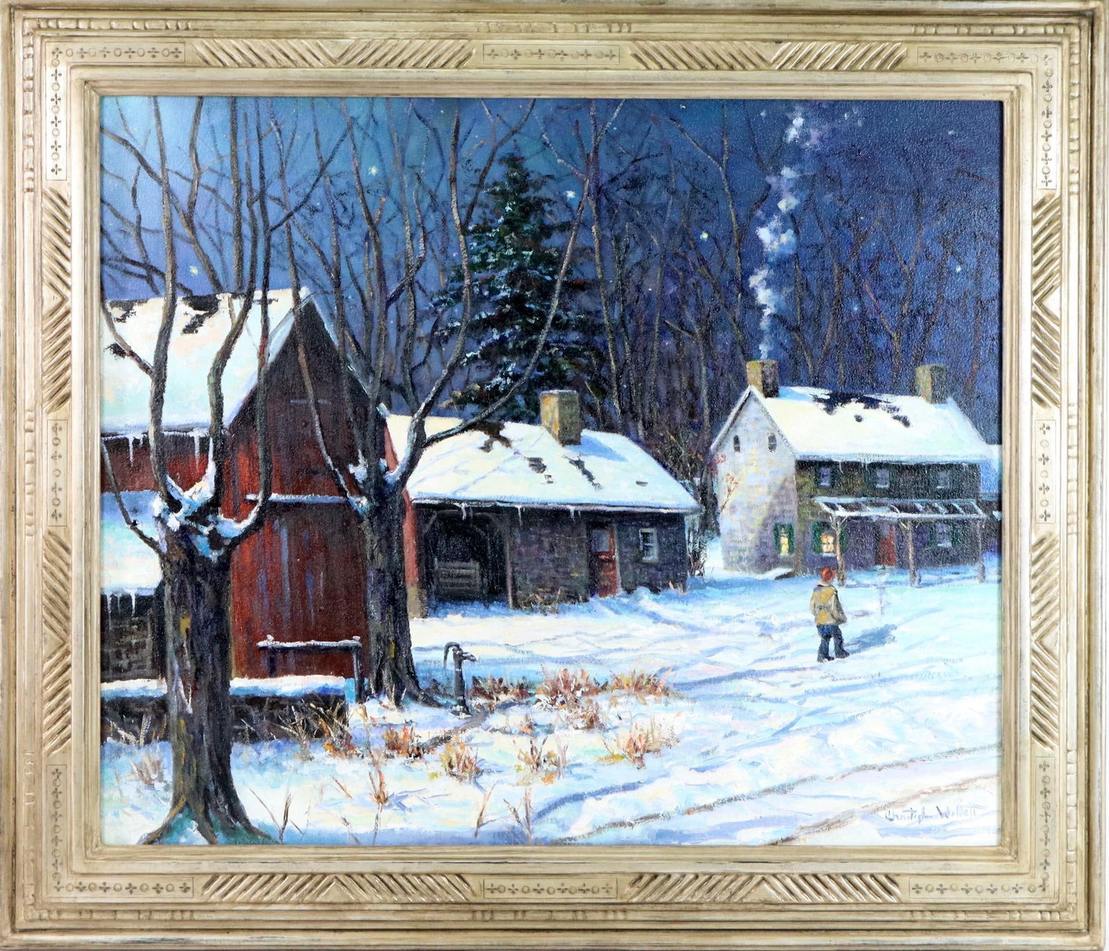 Christopher Willett (born 1959) LeMere Frederic Harer Style Frame: Oil on canvas, "Finally Home", Forbotnic farm, Buckingham Pa, SLR, Troy Lemere Frederic Harer style frame. 25"h x 30"w and 31.5" x 36.5"w framed