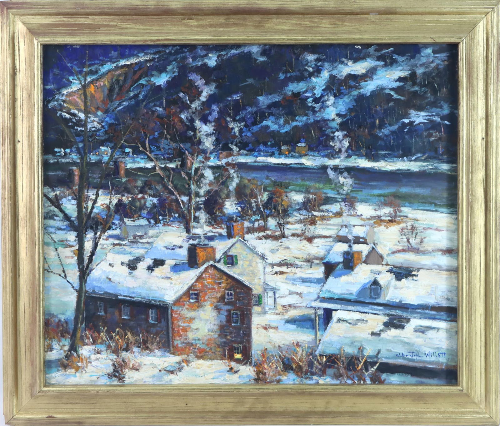 Christopher Willett (born 1959): Oil on board, "Above the flood plains by poor Richards, point pleasant, bucks county PA", SLR. Winter nocturne looking down towards the water. 19”h x 23”w 23"h x 27"w