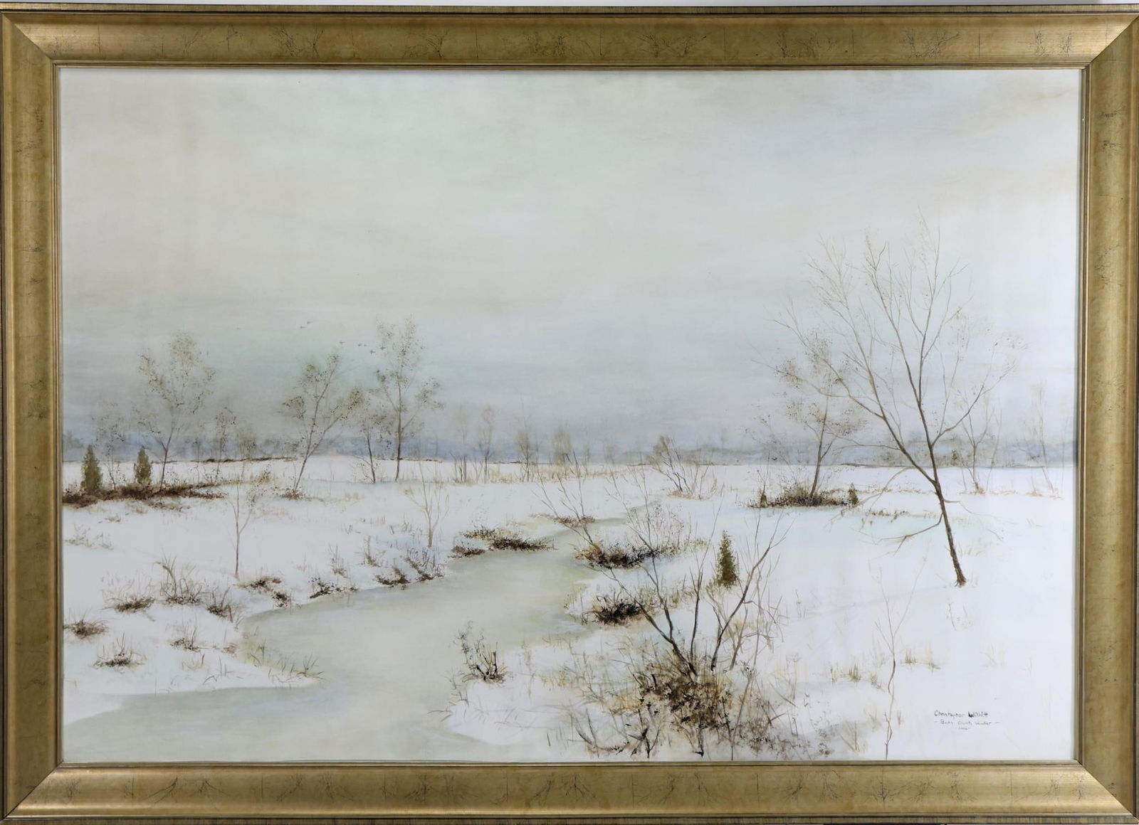 Christopher Willett (born 1959): Watercolor, Bucks County Winter", SLR. Serene winter landscape with a small stream. 35"h x 49"w