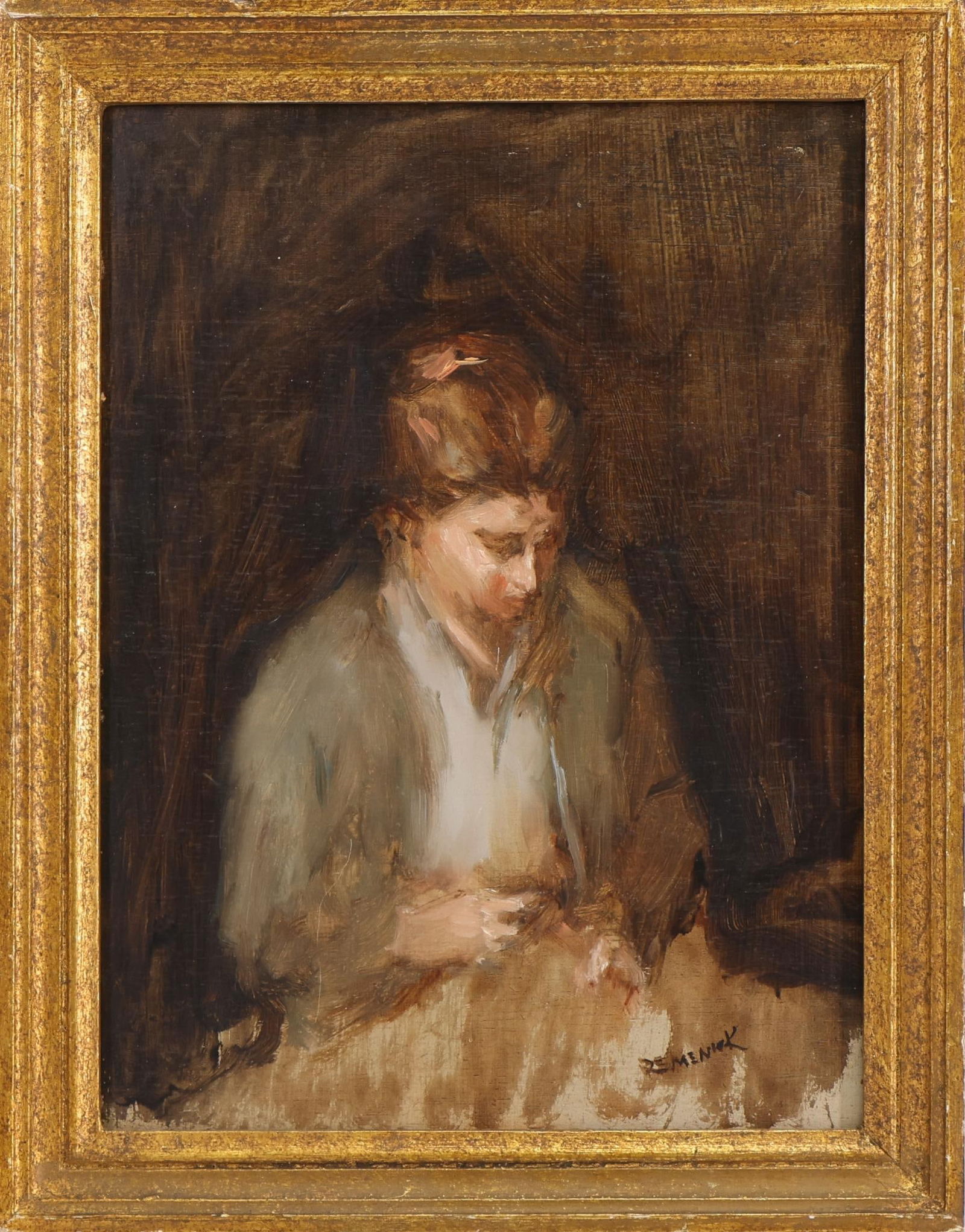 Seymour Remenick (1923 - 1999): Oil on board, "Girl Sewing", SLR. Estate of Harry W. Lownsbury to benefit the James A. Michener Art Museum. 9.5"h x 7"w and 11"h x 8.5"w framed
