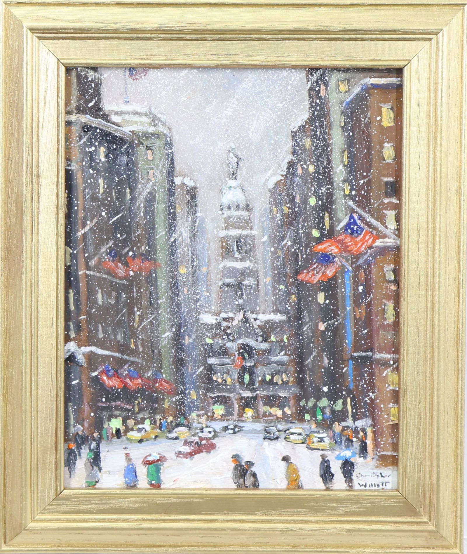 Christopher Willett (born 1959): Oil on board, "Independence Hall", SLR. Snow swept scene of the famed landmark, 10"h x 8"w 12.5"h x 10.5"w