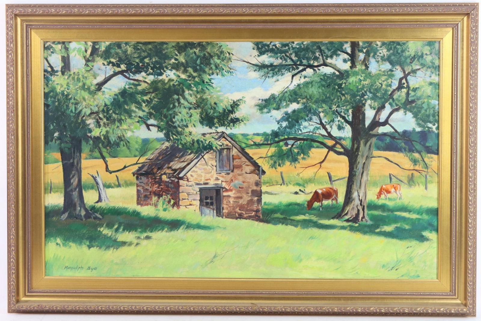 Ranulph Bye (1916 - 2003): Oil on board, Sll. Summer landscape with a smokehouse and cattle. 18"h x 30"w 23"h x 35"w framed