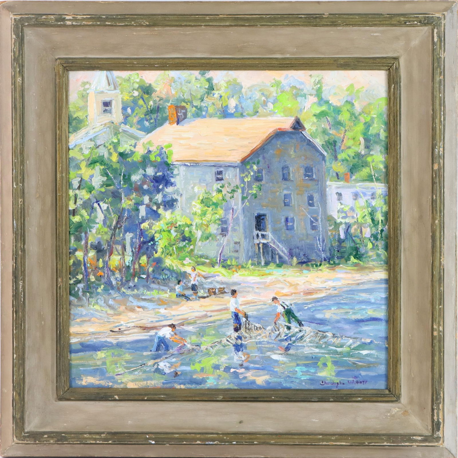 Christopher Willett (born 1959): Oil on board, "pulling the nets (shad fishing) Lambertville, Pa” slr. 14"h x 14"w and 19"h x 19"w