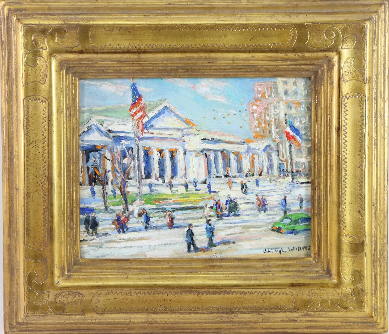 Christopher Willett (born 1959) LeMere Frederic Harer Style Frame: Oil on board, "Saturday Morning New York City Lybrary(sic)", SLR. Ashcan style New York street scene. Troy Lemere signed Frederic Harer style frame. 8.5"h x 10"w and 14"h x 16"w framed