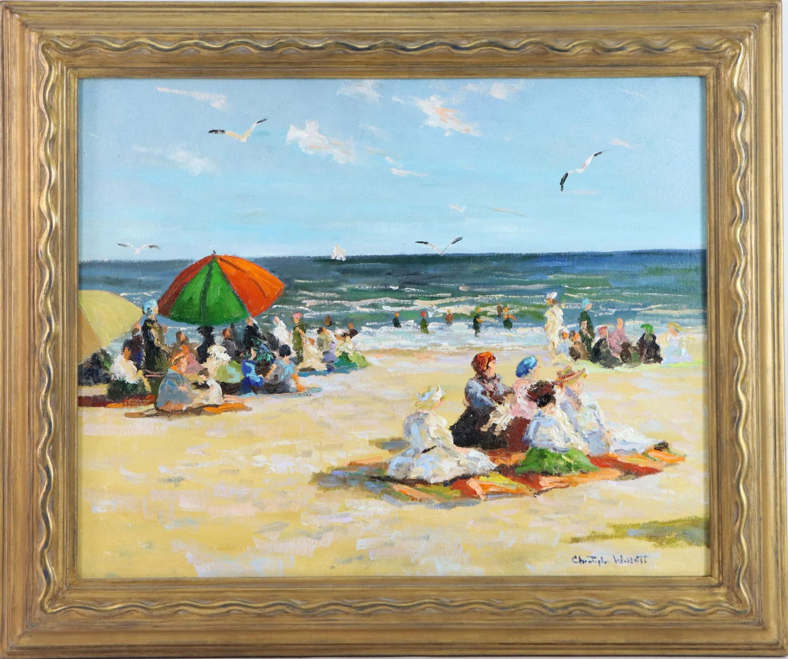 Christopher Willett (born 1959): Oil on canvas board, "The Hamptons, N.Y." SLR. Victorian beach scene. Troy Lemere frame 16"h x 20"w and 20.5"h x 24.5"w