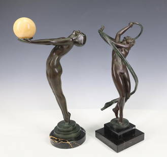 Max Le Verrier (1891 - 1973) and Pierre Le Faguays (Fayral) (1892–1962): Art Nouveau patinated white metal sculptures of females, including "Clarte (Clarity)" by Le Verrier with an agate orb, and "Tourbillon (Whirlwind)" by Le Faguays, each with impressed signature and Le