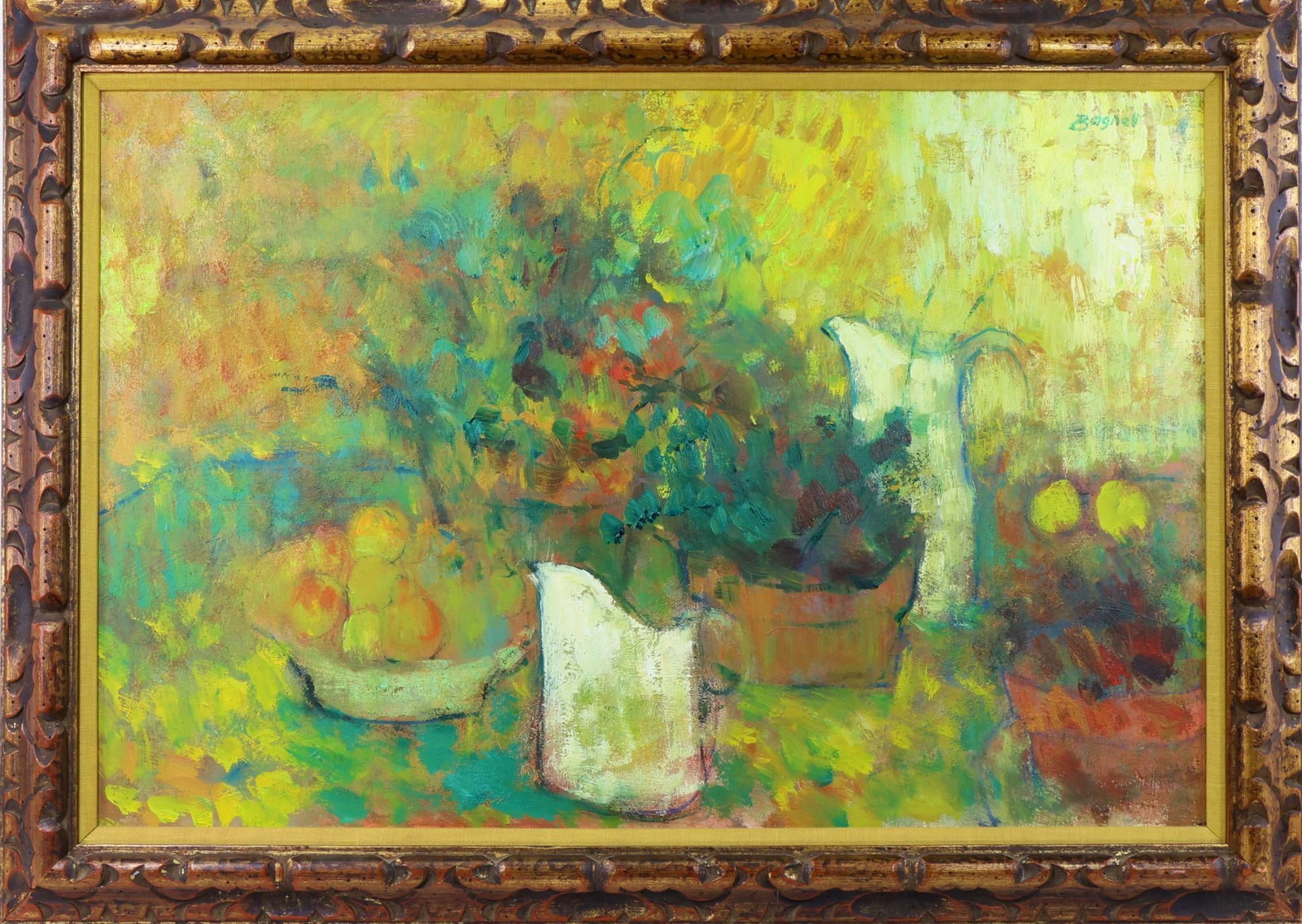 Stephen Bagnell (1930 - 1996): Oil on board, SUR. Modernist still life 25"h x 36"w 30"h x 41.5"w framed