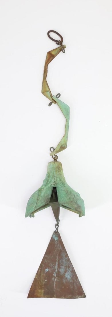 Paolo Soleri for Arcosanti Windbell: Bronze bell in a matte verdigris finish, with copper wind sail, marked. 21"