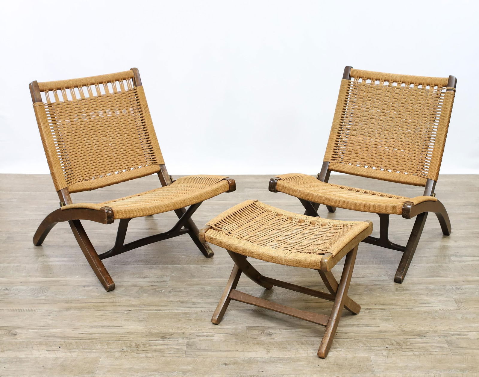 Manner of Hans Wegner Folding Rope Chairs and Ottoman (1 of 18)