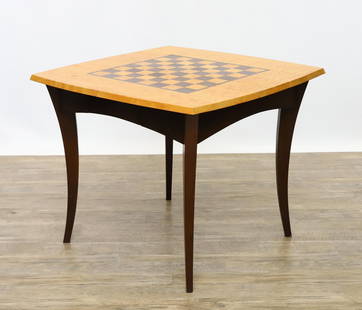 Jeffrey Greene Hand-Crafted Chess Table: African wenge and quilted maple having a bowed top, inlaid playing surface, two drawers, on splayed legs from the artist's "Flame" series. Jeffrey Greene Design Studio, Bucks County, PA and signed, "J