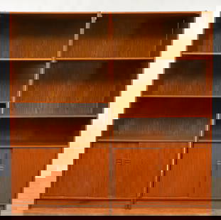 Feldballes Mobelfabrik Teak Wall Units: Danish Modern pair of teak wall units, each with adjustable open shelving over sliding doors which open to adjustable shelving, unmarked. One unit has a makeshift hole in the cabinet for wiring; some