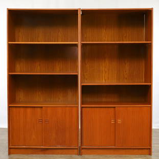 Feldballes Mobelfabrik Teak Wall Units: Danish Modern pair of teak wall units, each with adjustable open shelving over sliding doors which open to adjustable shelving, unmarked. One unit has a makeshift hole in the cabinet for wiring; some