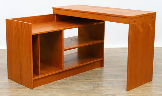 Feldballes Mobelfabrik Media Cabinet: Danish Modern teak two-part media cabinet, the main part featuring a sunken top over open fitted shelving, with a modular return which can be adjusted to various configurations, labeled. return 28"h x