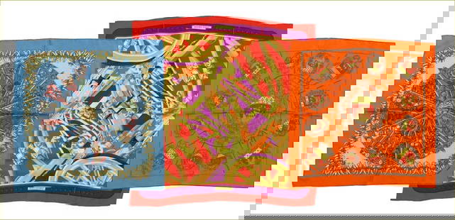 Hermes Silk Scarves: Hermes silk scarves (3). Includes "Aux Pays de Epices", designed by Annie Faivre and "Les armes de Paris" designed by Hugo Grygkar, both measure 16"h x 16"w. "Rythmes" designed by Cathy Latham, 26"h x