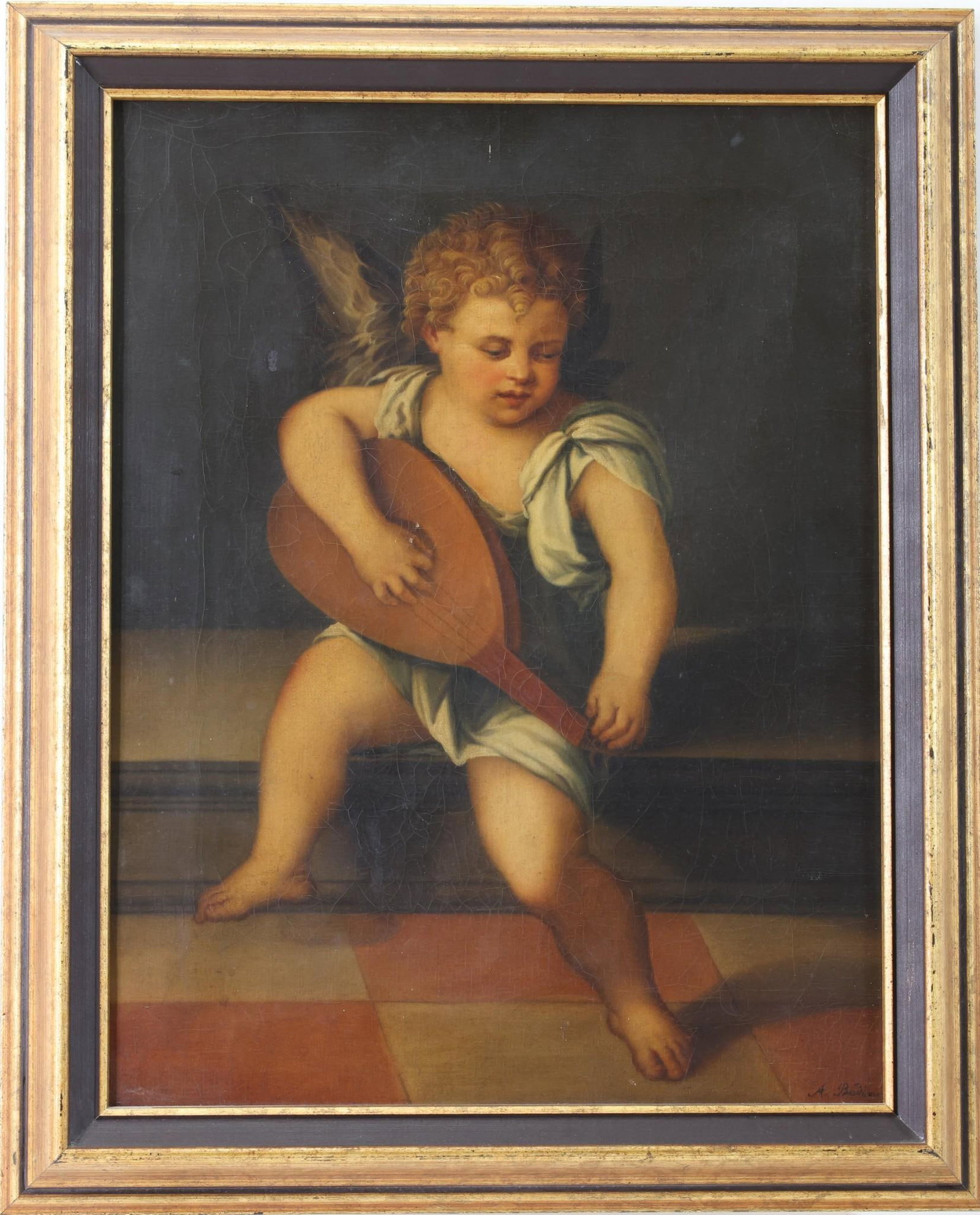Oil on Canvas "A. Bedine": Oil on canvas, SLR and en verso, extant label "Sacred Music by A. Bedine from the Collection of John Hart Briever". Repair to canvas. 16.5"h x 12.5"w and 19.25"h x 15.75"w framed