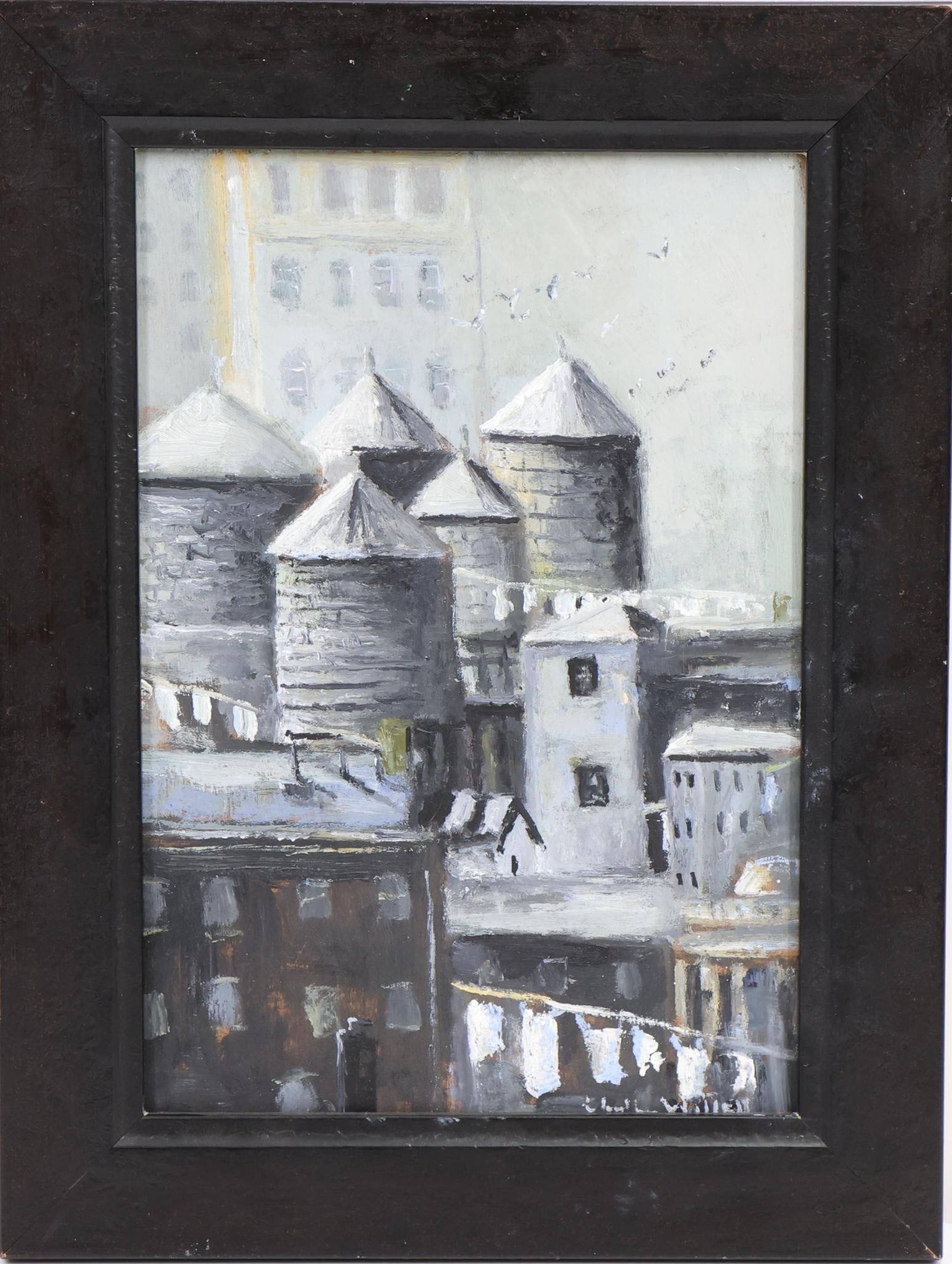Christopher Willett (born 1959): Oil on board, "Water Towers", SLR. Grisaille landscape. 10"h x 7"w and 12"h x 9"w framed
