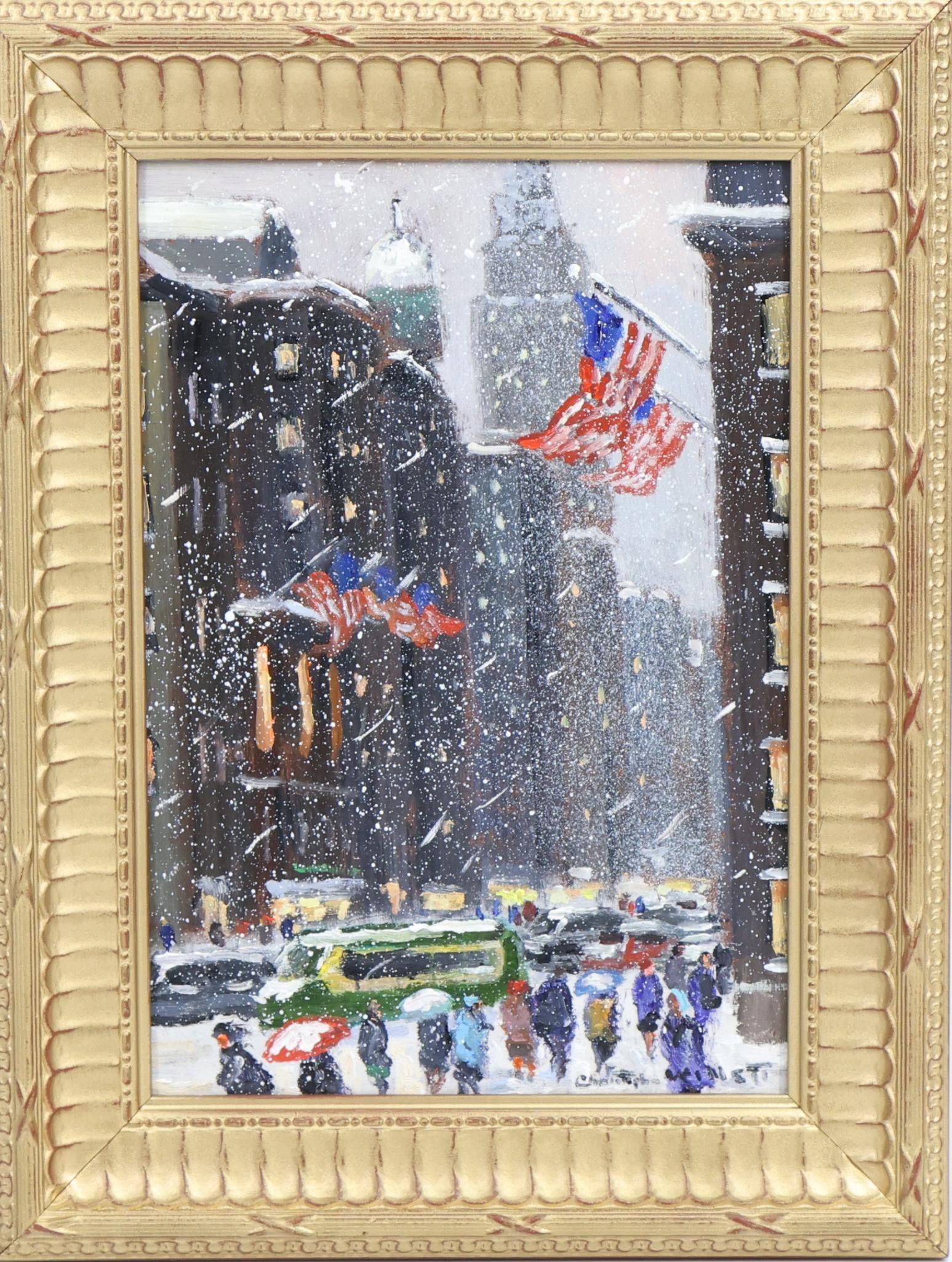 Christopher Willett (born 1959): Oil on board, "Empire State, NYC", SLR Snow swept street scene. 10"h x 7" 13"h x 10"w framed