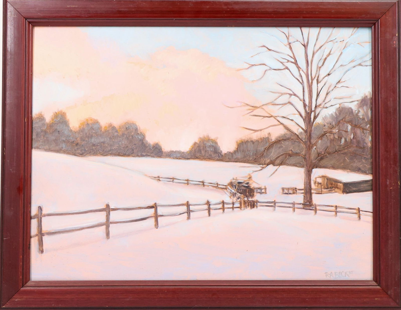 Robert Beck (Born 1950): Oil on board, SDLR 1995. Winter landscape at sunset. 12"h x 16"w and 14.5"h x 18.5"w framed