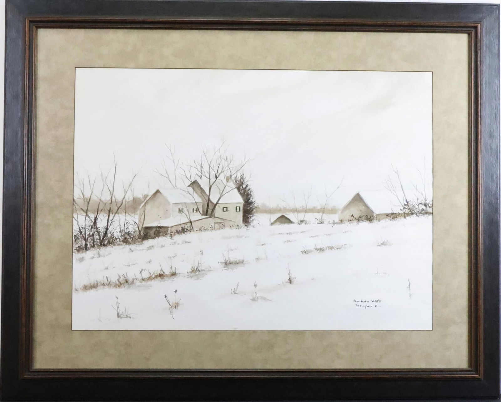 Christopher Willett (born 1959): Watercolor, SLR. Snowswept landscape. 21"h x 29"w and 32"h x 40.5"w framed