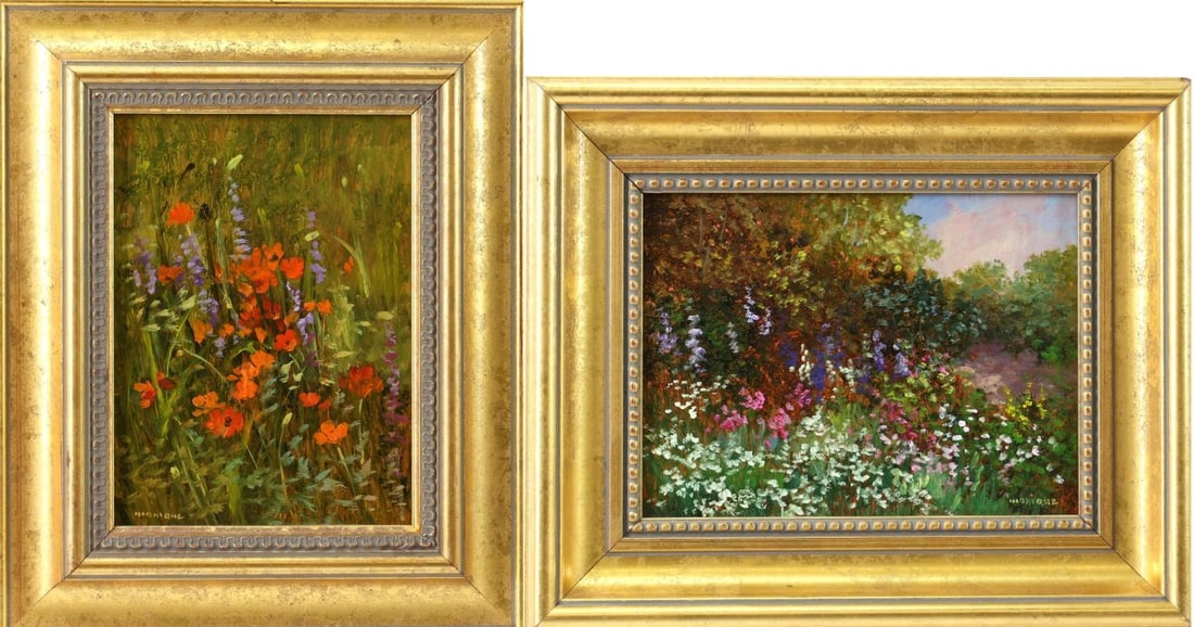 Monique Sakellarios (20th century): Pair of oil on board, SLL and SLR, ,Impressionist floral scenes. 6"h x 8"w and 8"h x 6"w