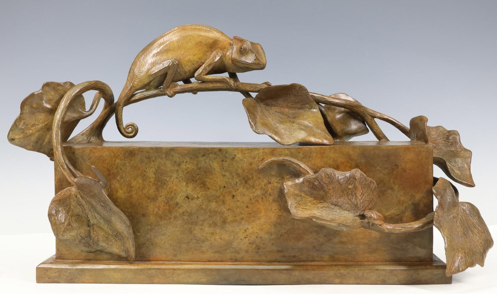 Tony Hochstetler (B. 1964): Bronze sculpture, "Chameleons", impressed signature to the side, dated 1990, and numbered 8/15. 9"h x 16"w x 6"d