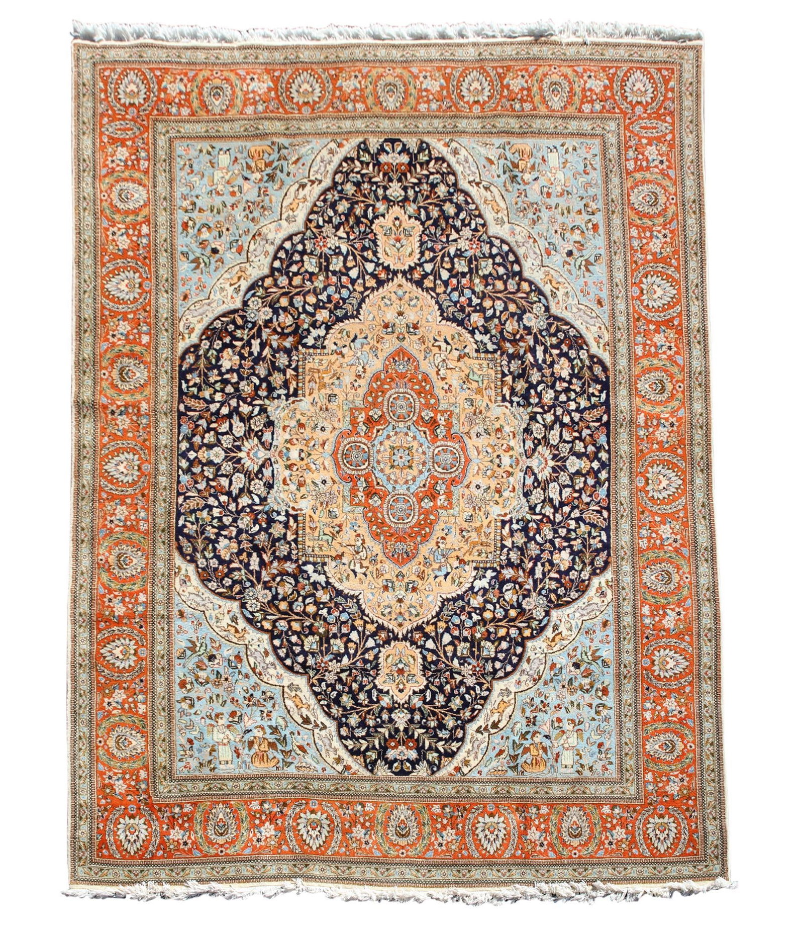 Semi-Antique Persian Rug: Cloud collar floral medallion with floral patterns in blue field, figural motif spandrels, repeating palmette and salmon main border. 20th c. 12'5"l x 9'3"w