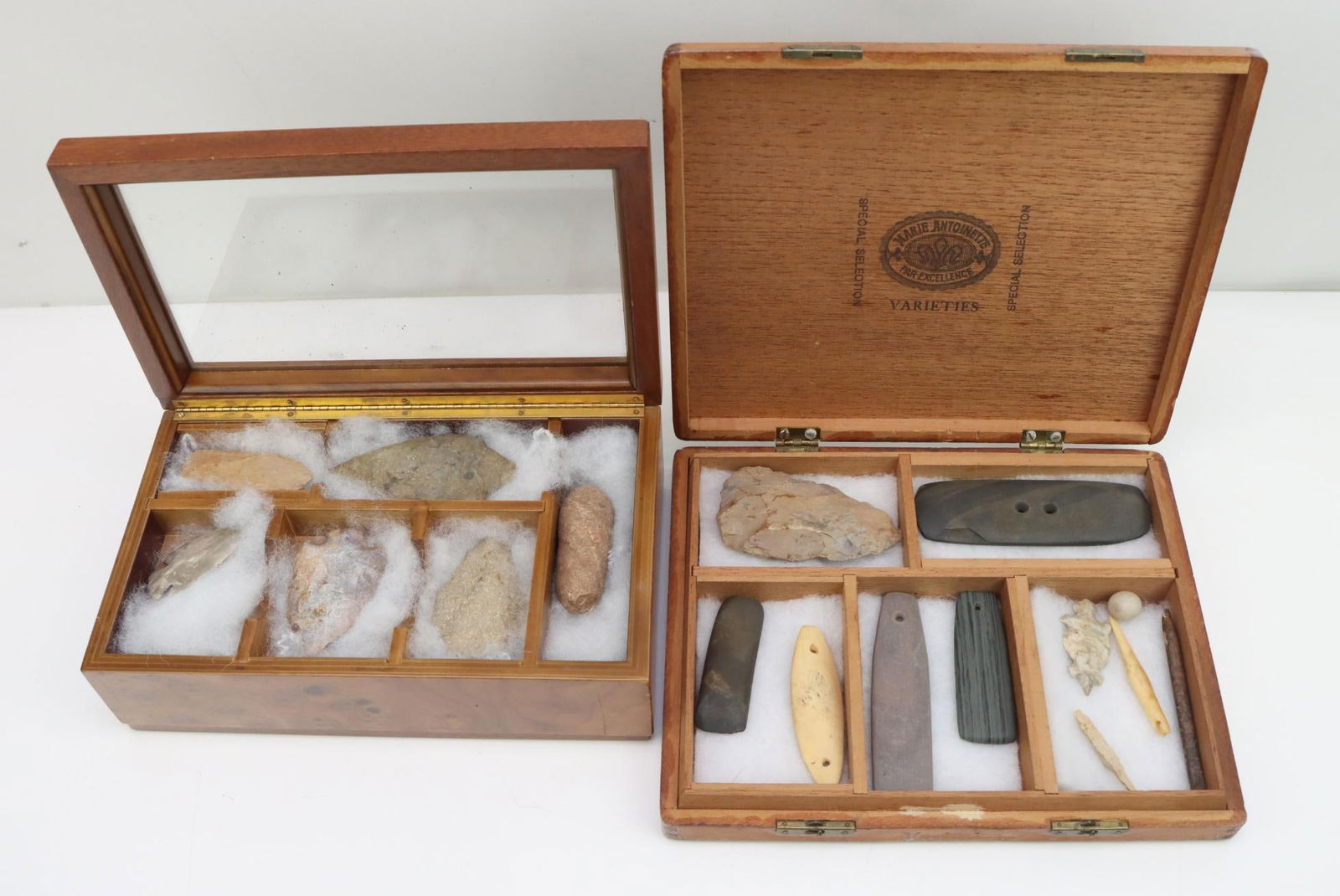 Native American Tools: Native American stone and bone tool and implement grouping, includes arrowheads, scraping tools, gorgets, 2 boxes, largest box 1.5"h x 11.5"w x 9.5"d.