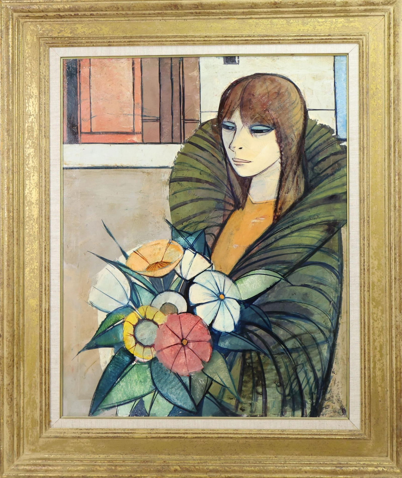 Charles Levier (1920 - 2003): Oil on canvas, "Jeune Fille aux Fleurs"(young girl with flowers) SLL, Modernist portrait of a young with a bouquet of flowers. 30"h x 24"w and 39 33