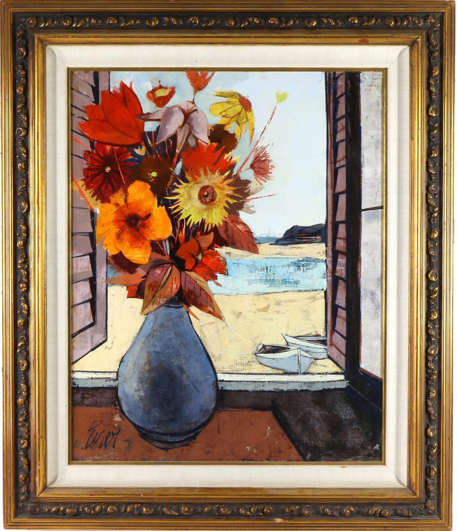 Charles Levier (1920 - 2003): Oil on canvas, "Fleurs", SLL. Modernist floral still life. 30"h x 24"w and 40"h x 34"w