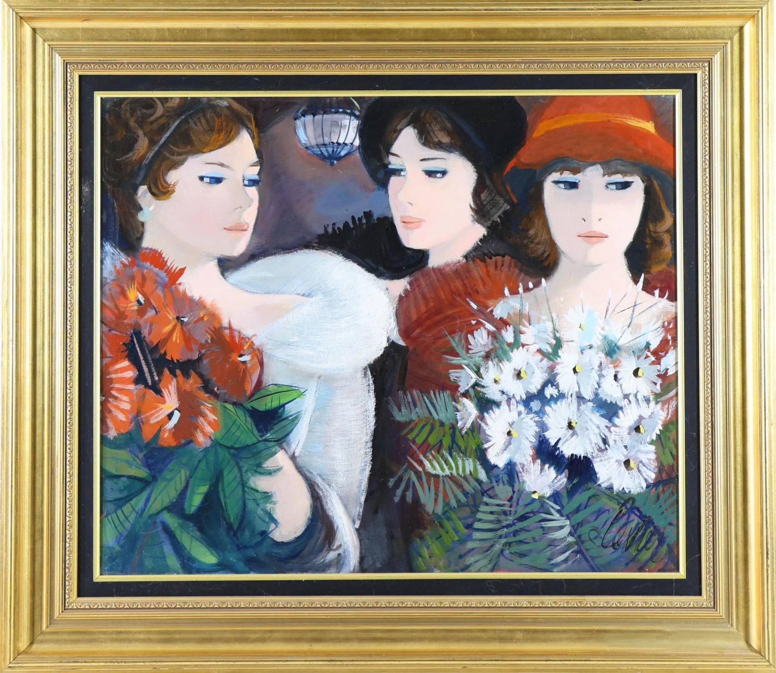 Charles Levier (1920 - 2003): Oil on canvas, "Fete", SLR. Modernist portrait of three women. 20"h x 24"w 28"h x 32"w