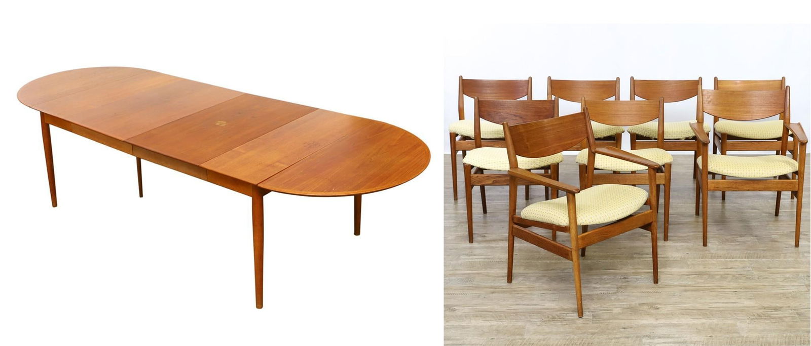Arne Vodder for Sibast Model 227 Dining Table with Chairs: Danish Modern teak expanding drop leaf dining table with crossbanding and cigar form legs, Model 227 by Arne Vodder. One drop leaf bracket is missing; water stains and other wear. 28.5"h x 42"d. 28.5"