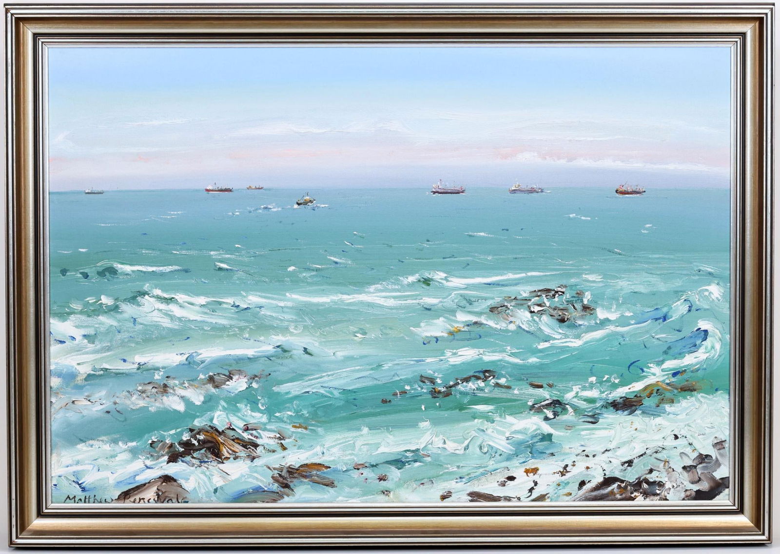 Matthew Perceval (Born 1945): Oil on canvas, SLL and titled "Boats Waiting to Dock". Wagner Art Gallery tag attached en verso. 23”h x 34”w and 26.5”h x 37.5”w framed