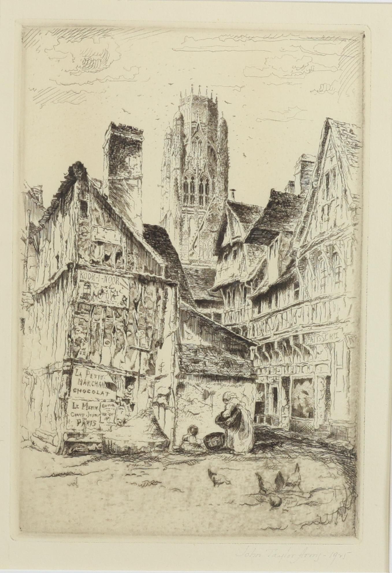 John Taylor Arms (1887 - 1953): Etching, "Old Corner, Rouen, 1925", pencil signed lower right. 6"h x 4.25"w impression size and 20.5"h x 17"w framed