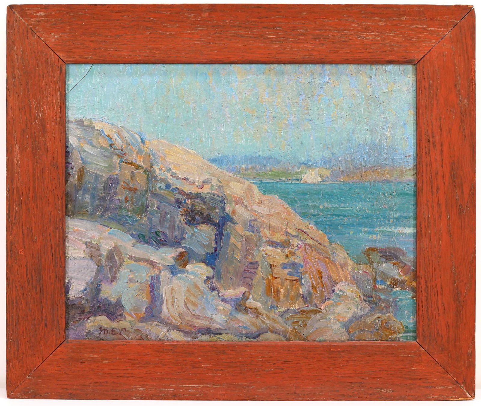 Mary Elizabeth Price (1877 - 1965): Oil on board, "Vinal Haven, Maine", ILL and signed en verso. Coastal landscape with a sailboat in the distance. 9.5"h x 12"w and 13"h x 15"w