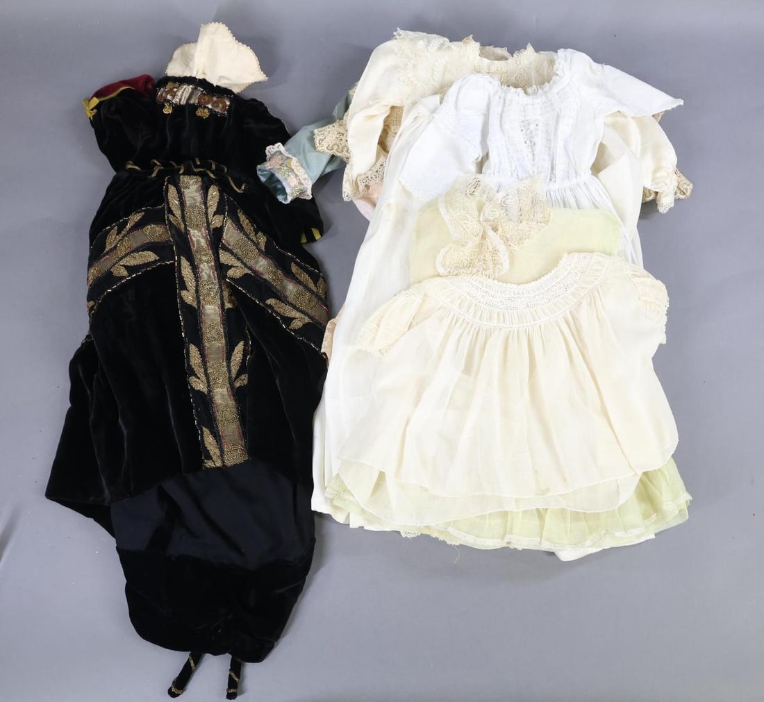 VINTAGE CLOTHING.: LOT of antique, vintage and custom doll/child's clothing. Antique - baby/child's white cotton dresses. Doll - black velvet gown with interesting jewelry at neck. Dress is 20" neck to front hem. Vintag
