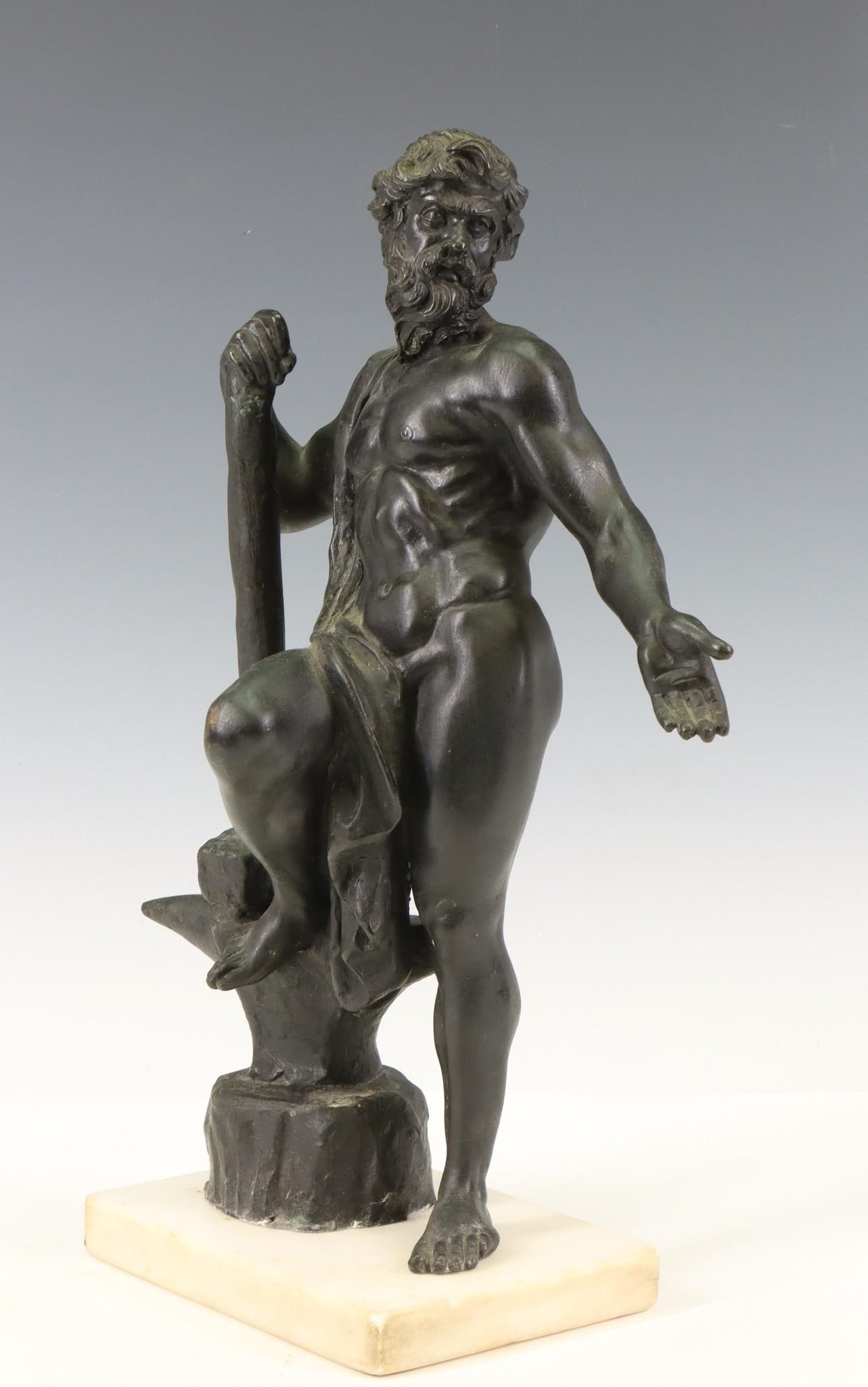 Grand Tour Sculpture Signed De Luca: Bronze sculpture of Hephaestus / Vulcan with hammer and anvil, inscribed F. de Luca, mounted to a marble stand. Some chips and discoloration to the stand. Overall 14"h x 9.5"w x 5"d