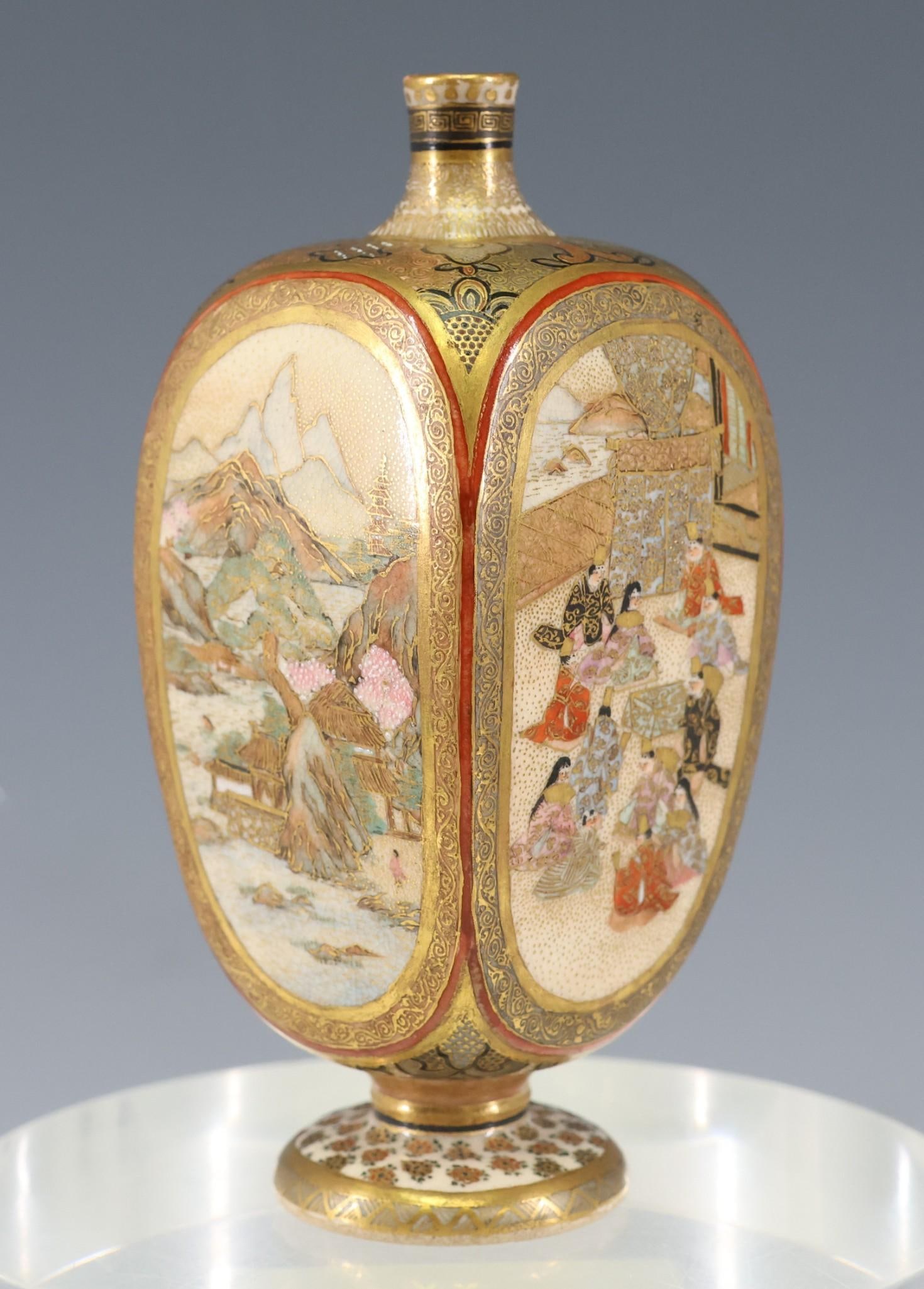 Kozan / Koyama Japanese Satsuma Pottery Vase: Meiji - Showa era bud vase with four panels depicting geishas with guests and landscapes in winter and spring, surrounded by floral and geometric motifs. 4.25"h x 2"w x 2"d