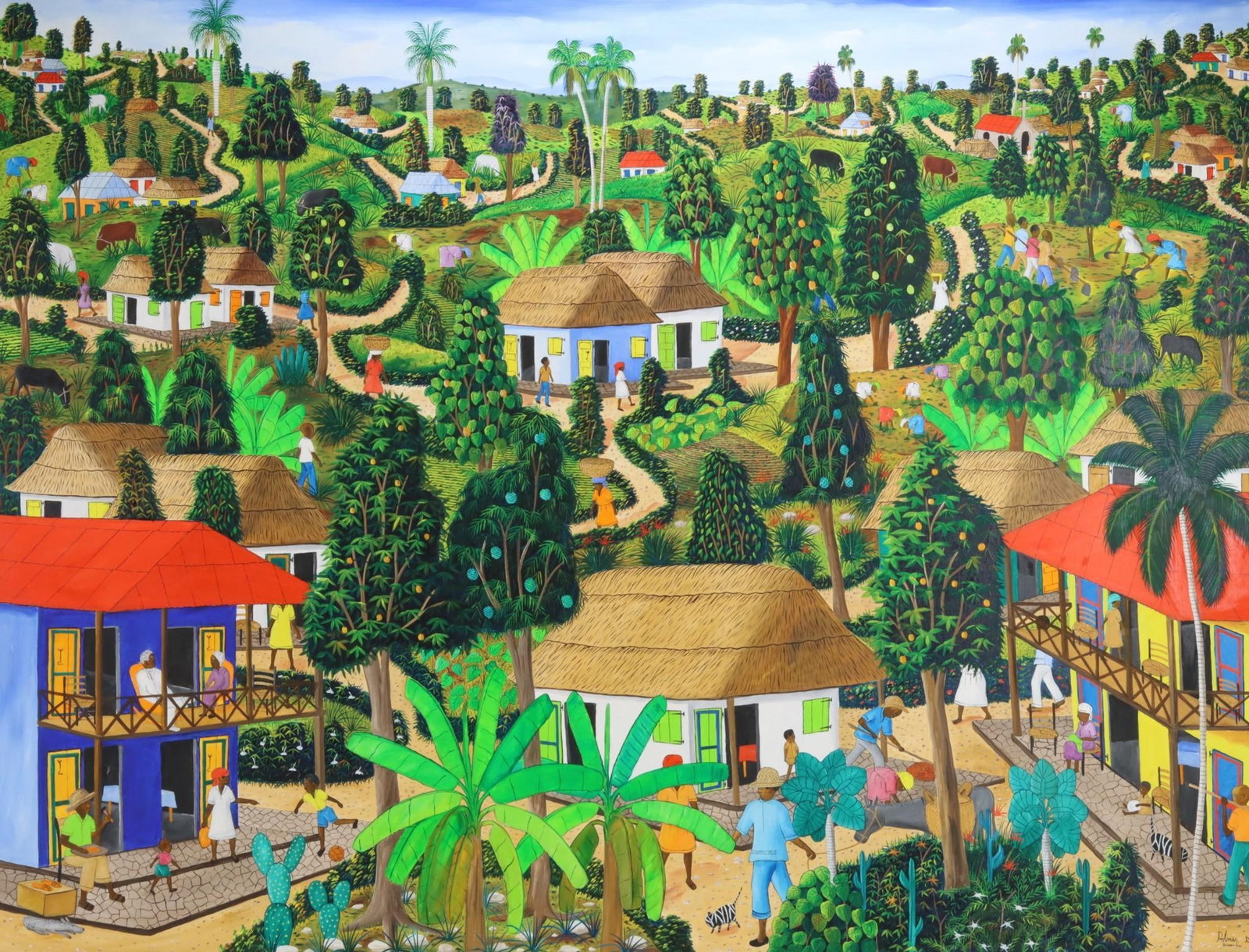 Palmer Dubic (20th C.): Oil on canvas, SDLR, 1976. Haitian folk art village scene. Provenance: Rodale Haitian Art Collection 36"h x 48"w