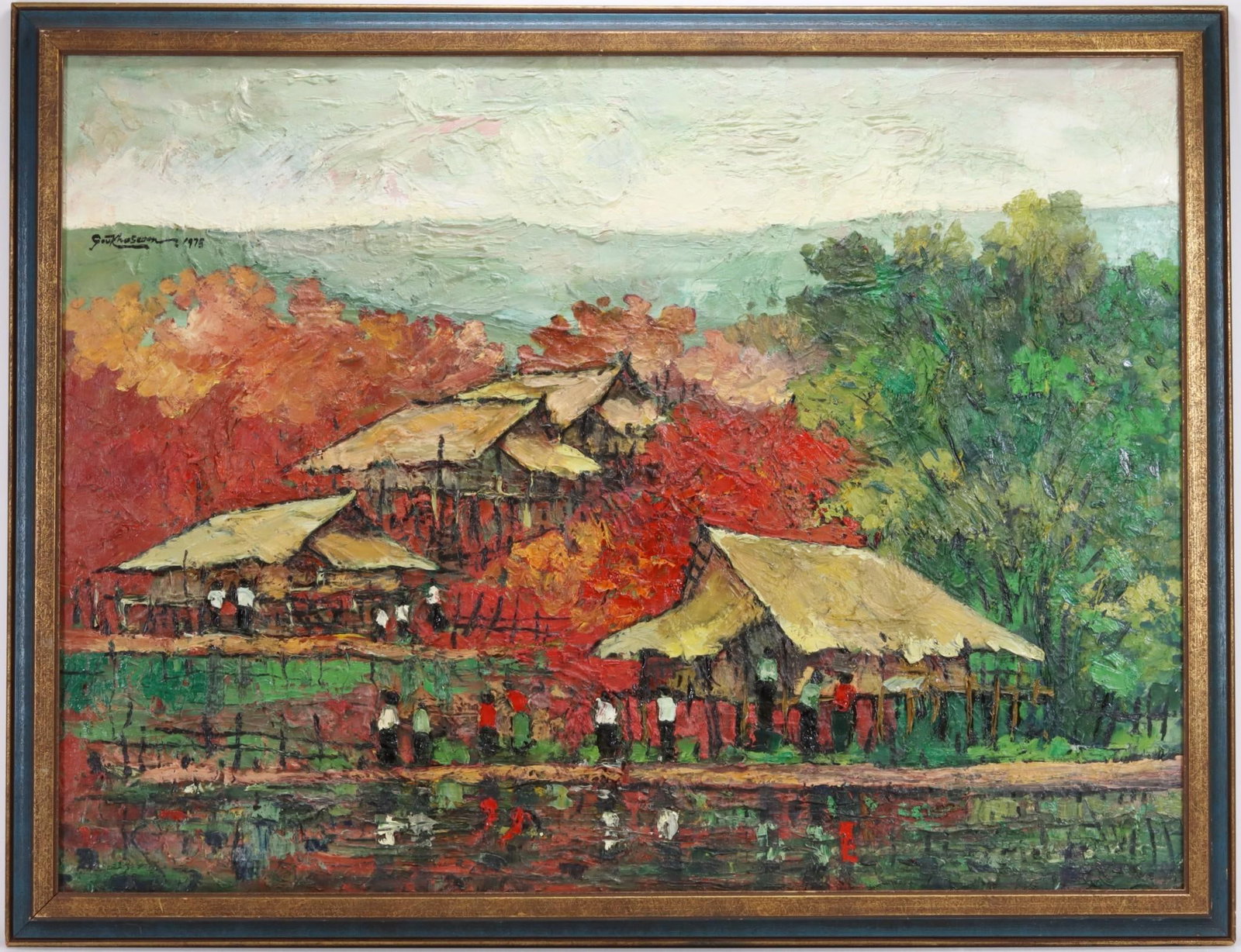 Oil on canvas: Oil on canvas, SDUL 1975. Impressionist Haitian village scene. Provenance: Rodale Haitian Art Collection 30"h x 40"w and 33"h x 43"w framed