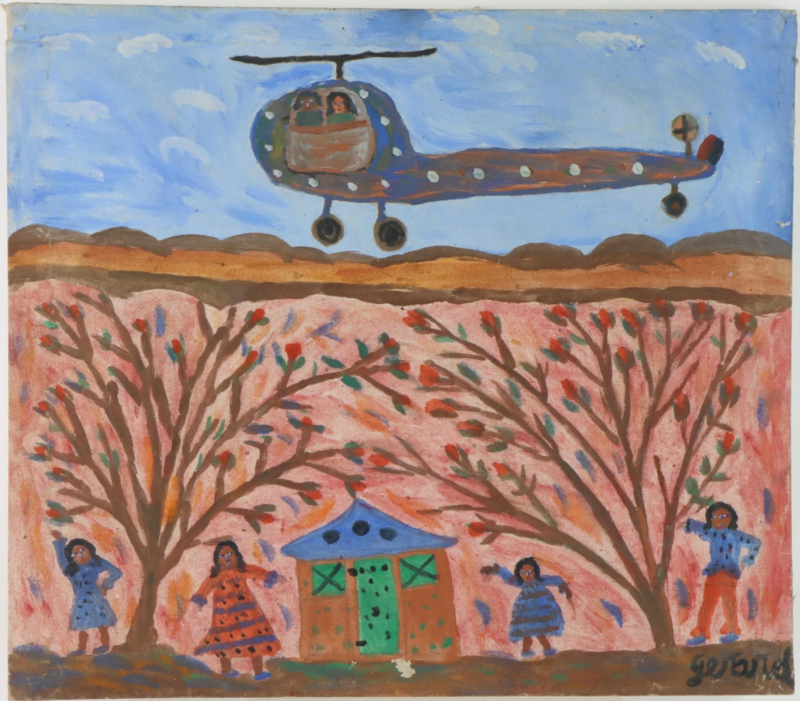 Gerard Fortune (1925/early 1930s - 2019): Oil on canvas, SLR. Haitian folk art painting with a hovering helicopter. 21"h x 24"w