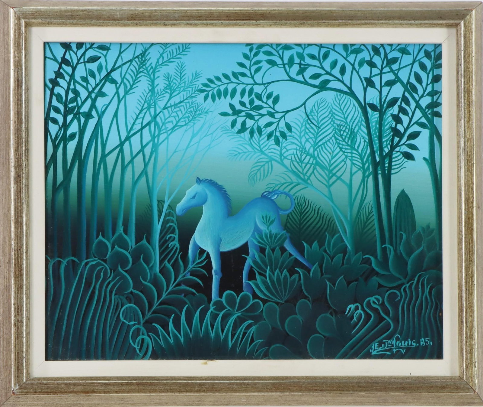Eric Jean-Louis (1957-2022): Oil on board, SLR. Ethereal Haitian folk art painting of a horse in a dreamlike surround. 8"h x 10"w and 10"h x 12"w framed