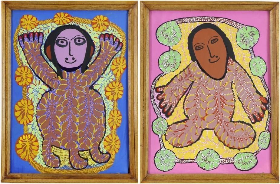 Haitian Oils on Canvas: Pair of complementing oils on canvas, unsigned. Both 17.5"h x 13.5"w framed